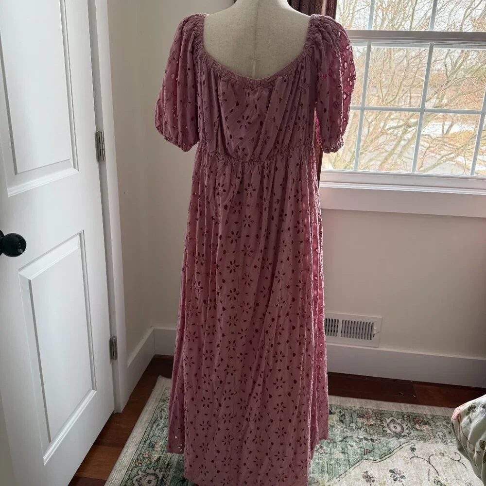 Eloquii Eyelet Detail Tie Front Puff Sleeve Maxi Dress Pink Mauve Size 18 - Picture 6 of 11